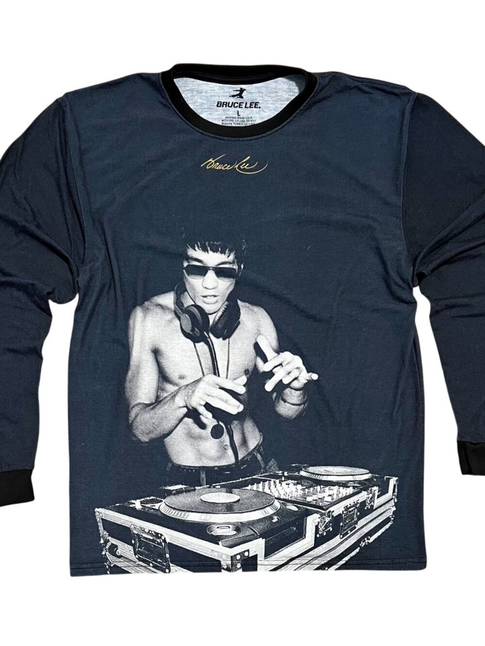 Bruce Lee DJ Dark Gray Kung Fu Scratch Long Sleeve Graphic Shirt, Men's Large